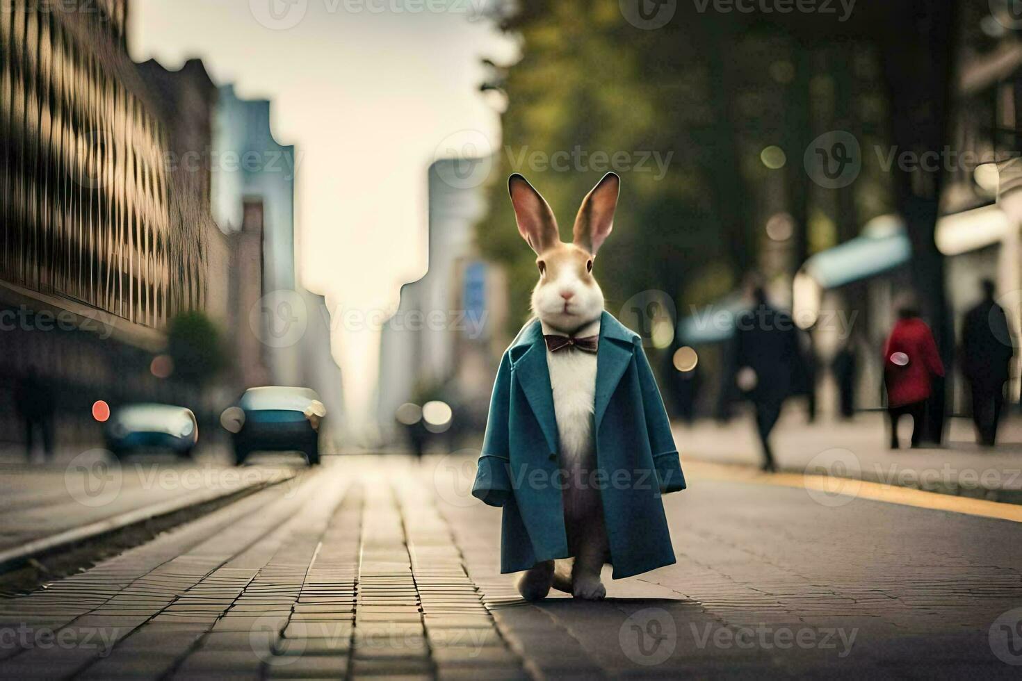 a rabbit wearing a coat and tie standing on a street. AI-Generated photo