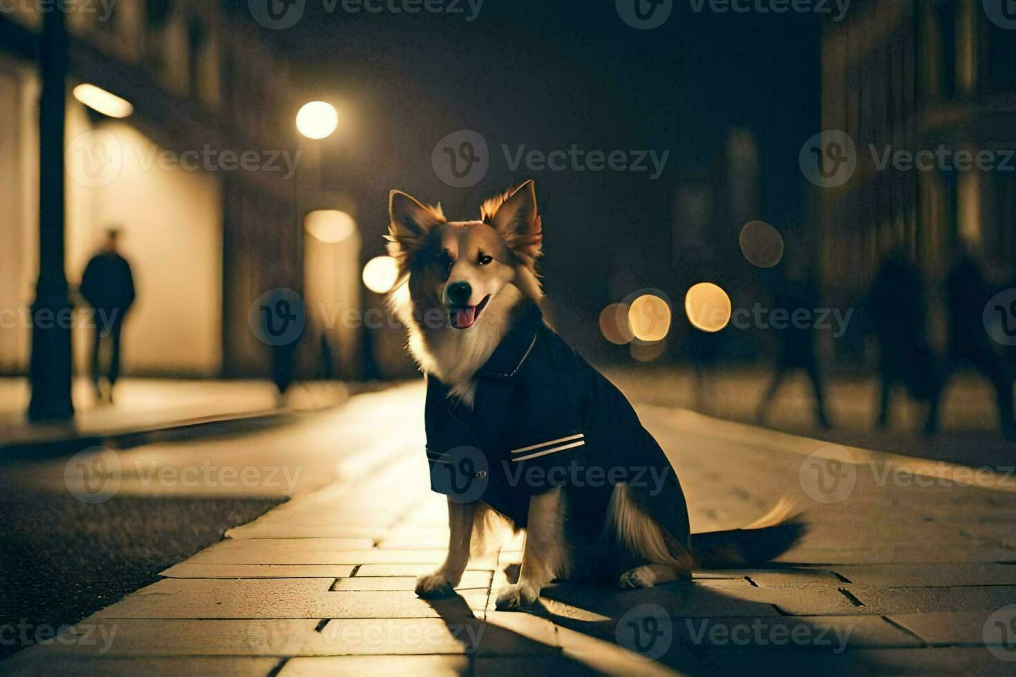 a dog wearing a jacket sitting on the street at night. AI-Generated photo