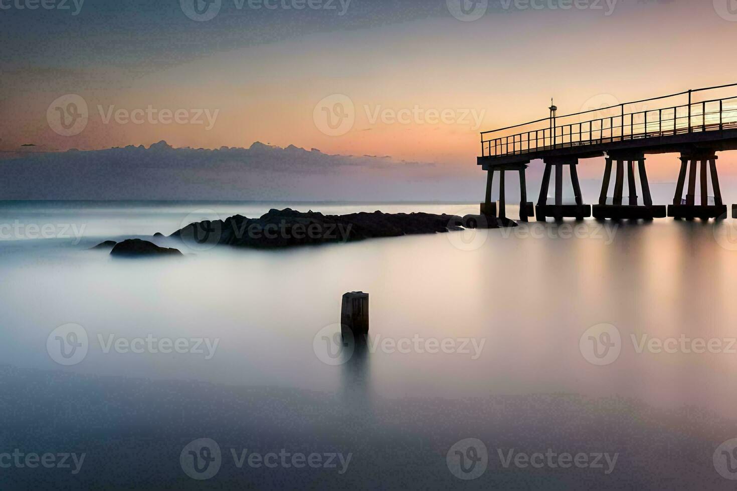 long exposure photograph of a pier at sunset. AI-Generated photo