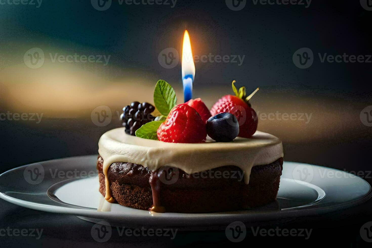 a small cake with berries and a candle. AI-Generated photo
