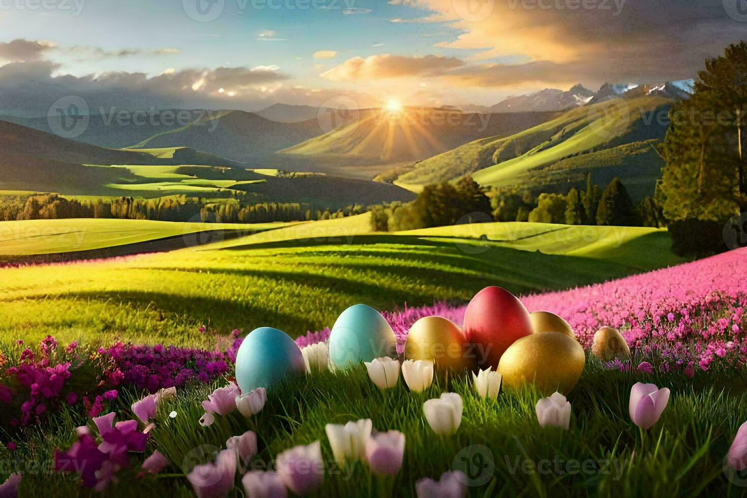 the easter egg hunt in the mountains. AI-Generated photo