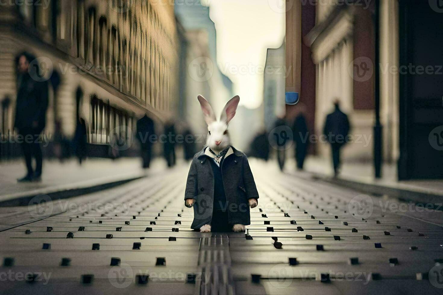 a rabbit wearing a suit and tie standing on a street. AI-Generated photo