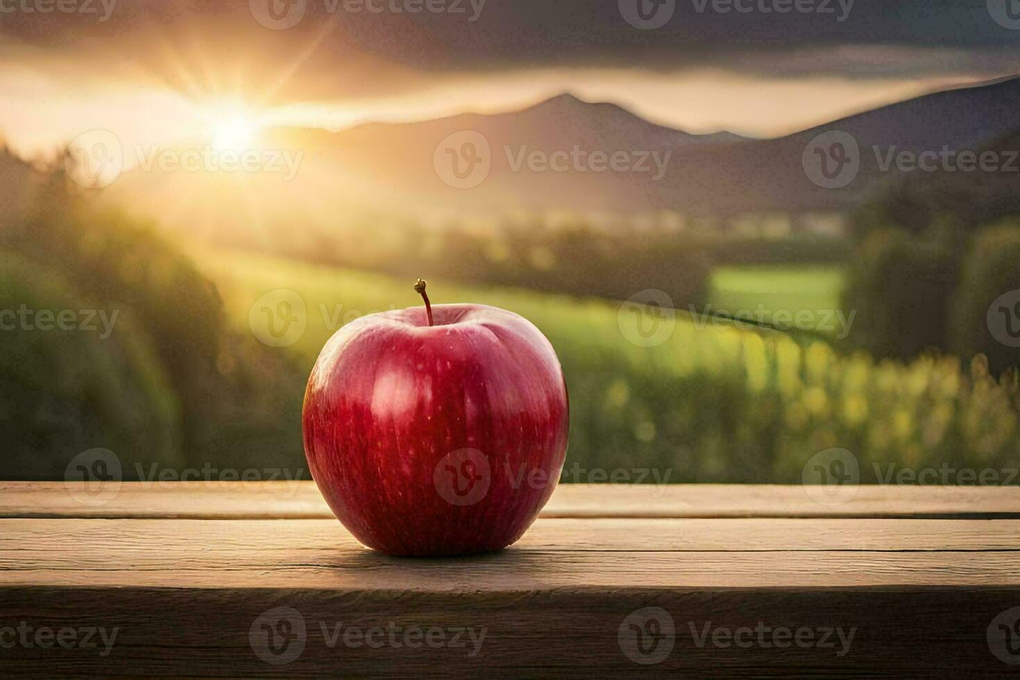 a red apple on a wooden table in front of a sunset. AI-Generated photo