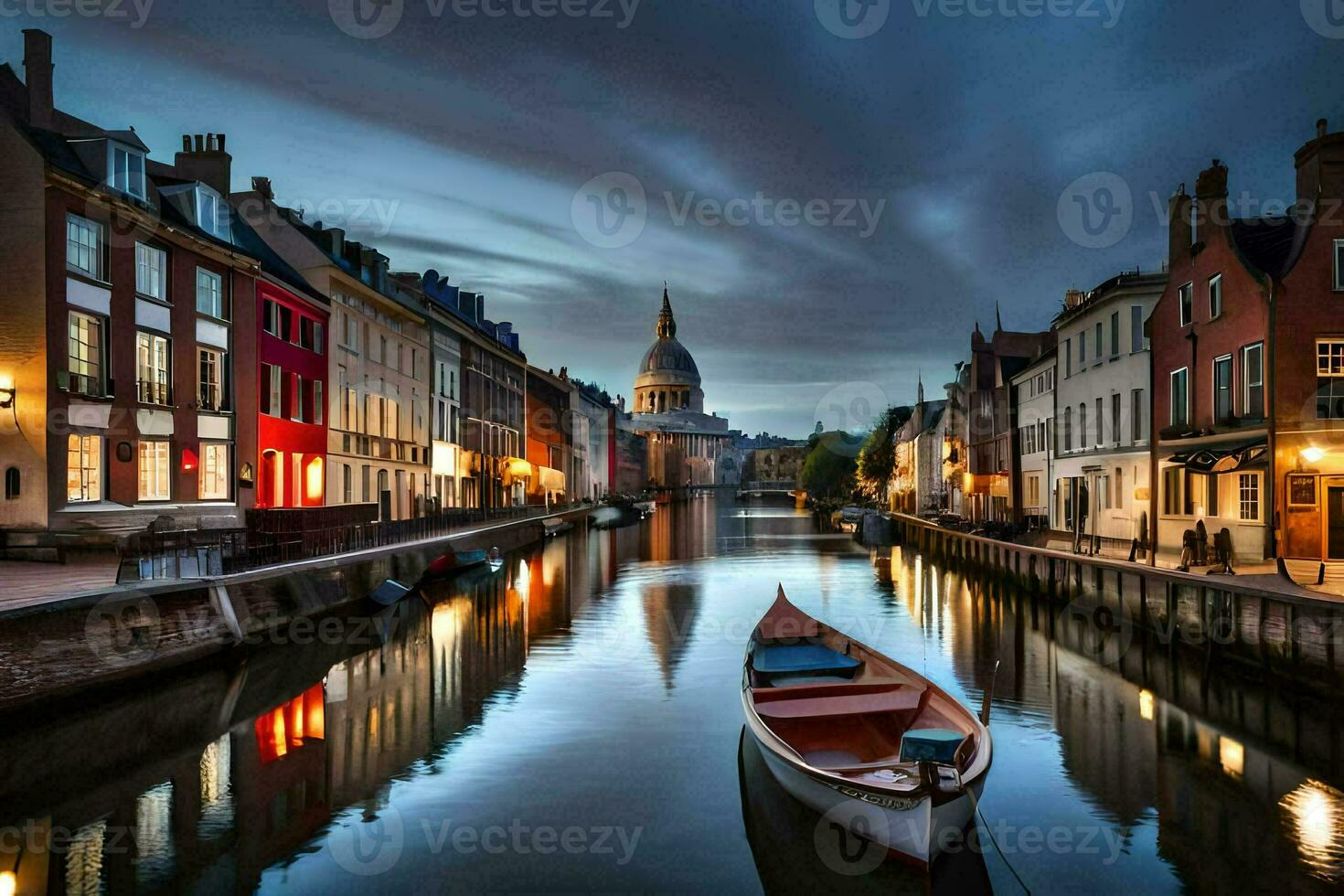 un barco es en el agua en un canal en un ciudad. generado por ai foto