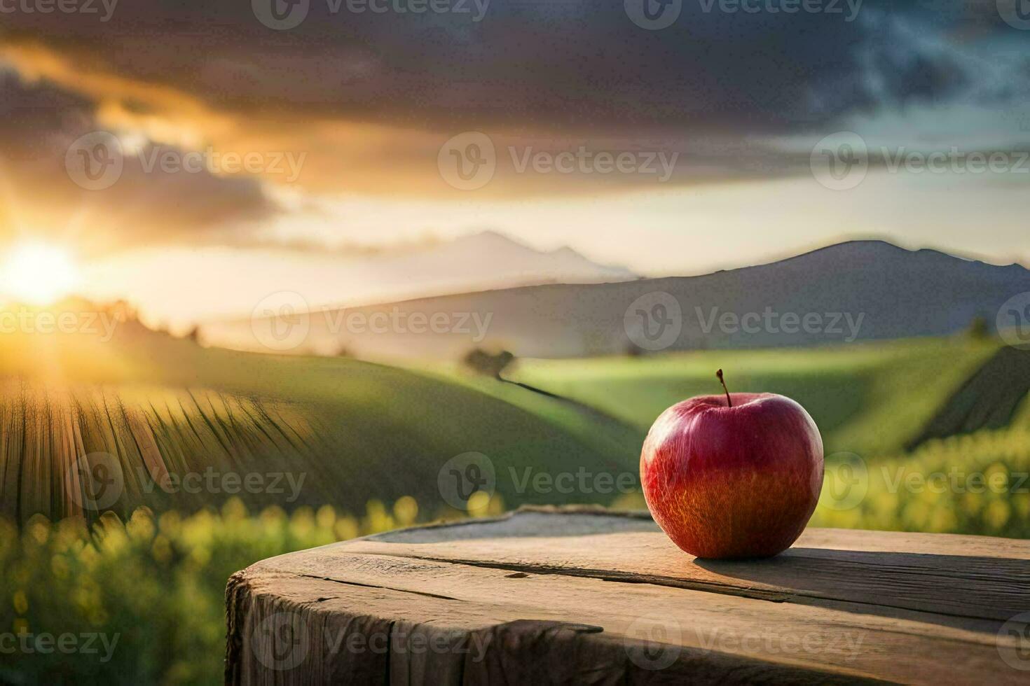apple on a wooden table in the field. AI-Generated photo