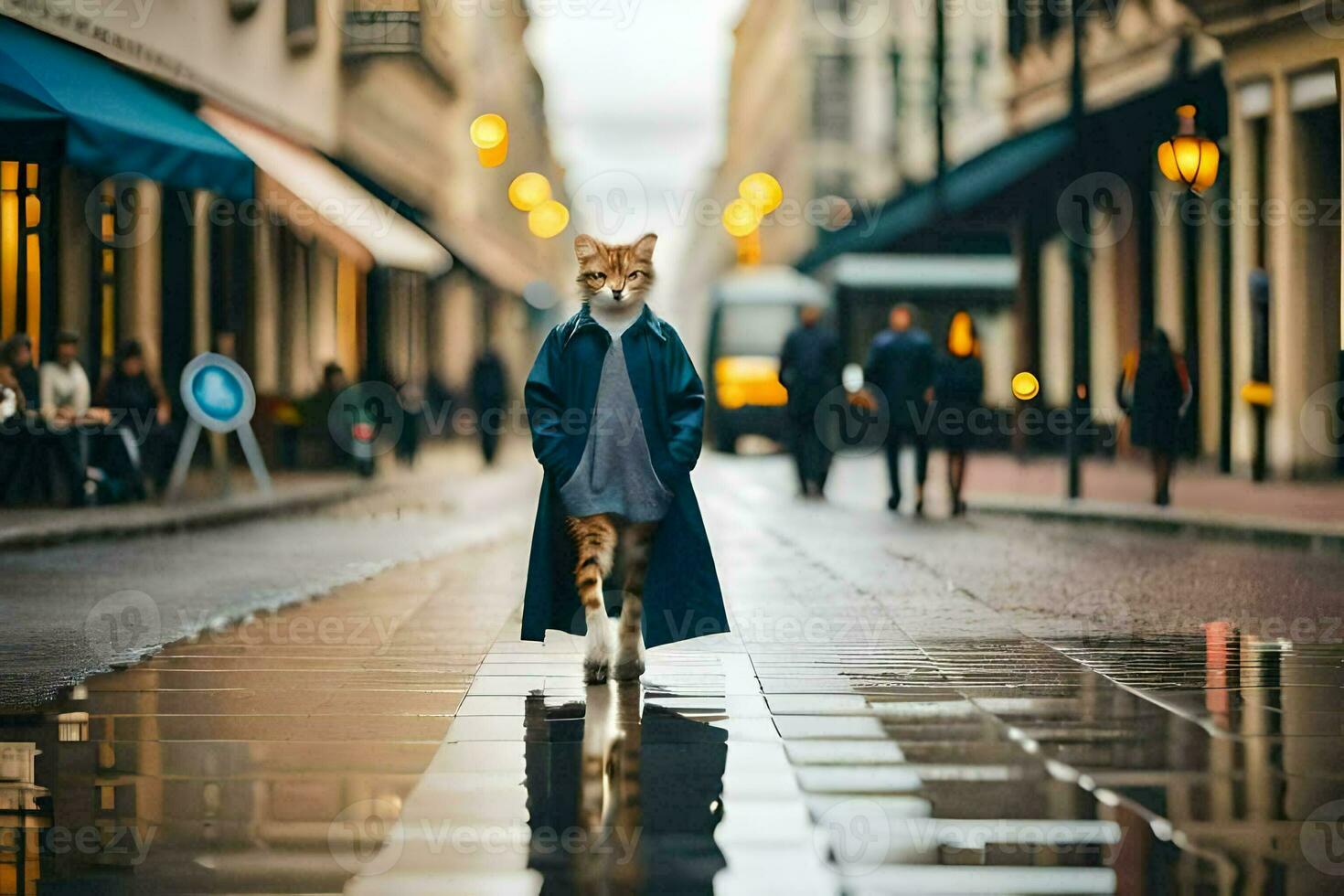 a cat walking down a street in the rain. AI-Generated photo