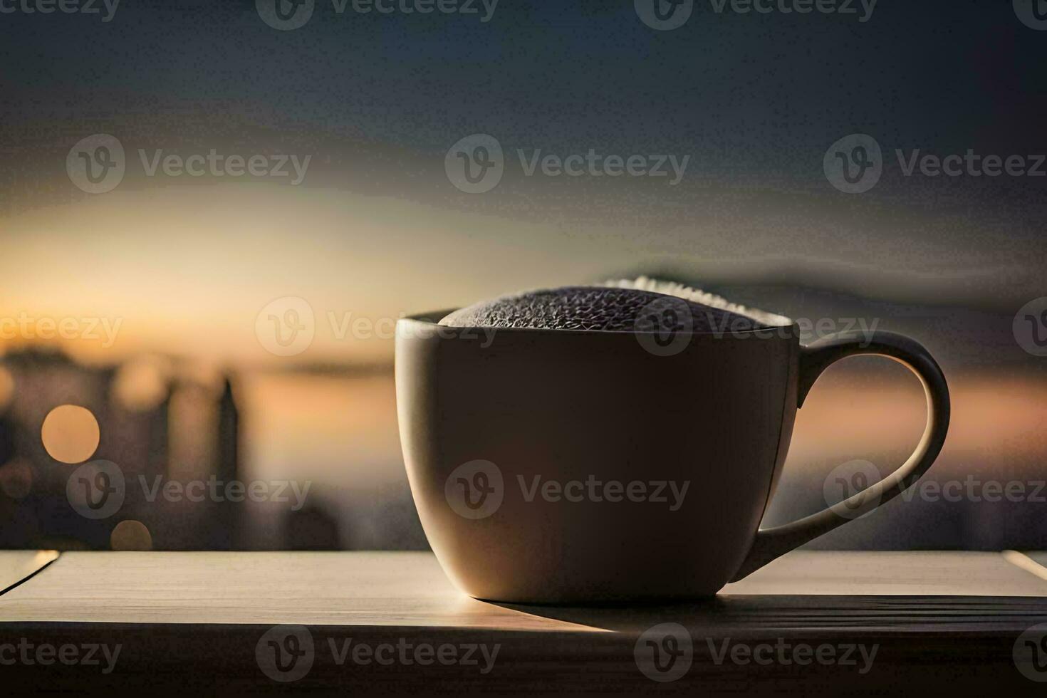 coffee mug on window sill with city in background. AI-Generated photo