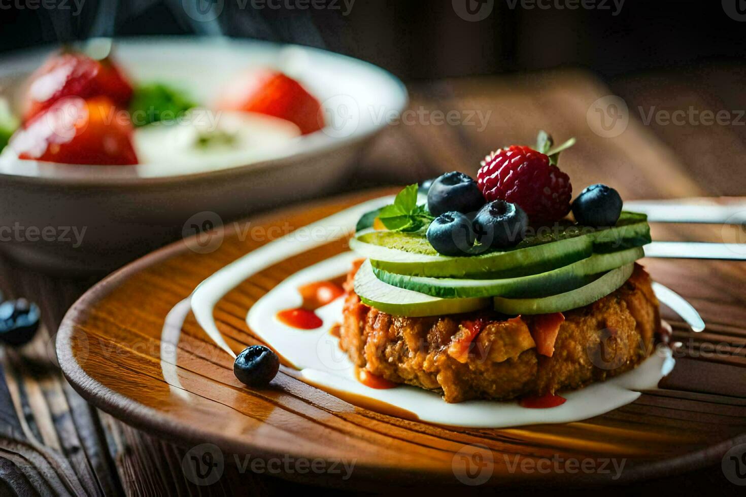 un postre con fresas, Pepino y arándanos generado por ai foto