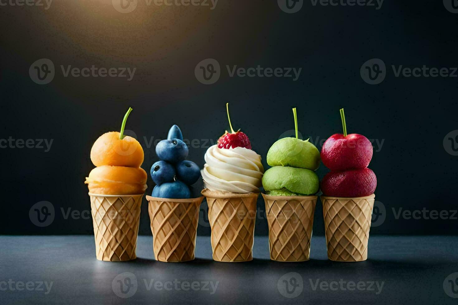 five ice cream cones with different fruits in them. AI-Generated photo