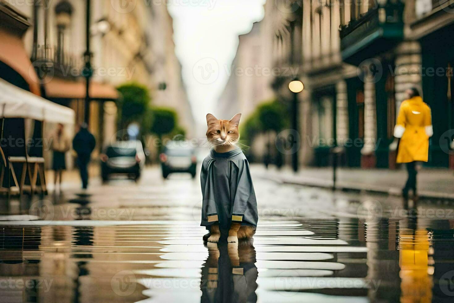 a cat in a raincoat standing on a wet street. AI-Generated photo