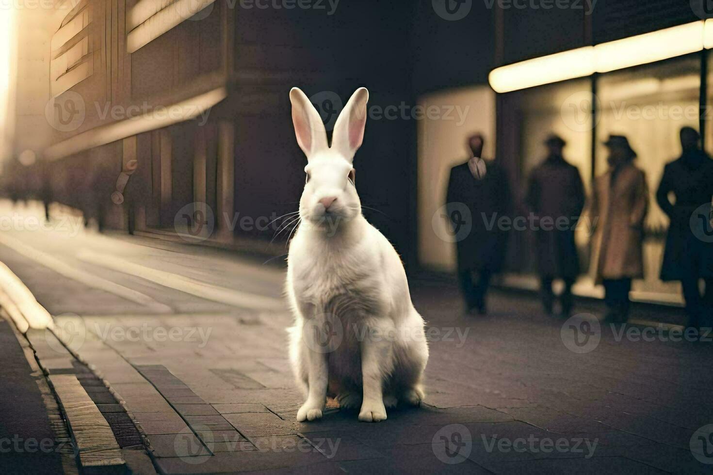 a white rabbit sitting on the street in front of people. AI-Generated photo