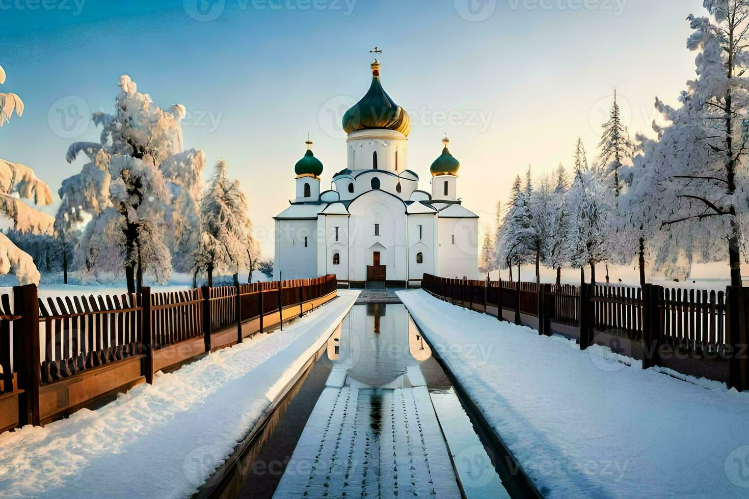 a church in the snow with a stream running through it. AI-Generated photo