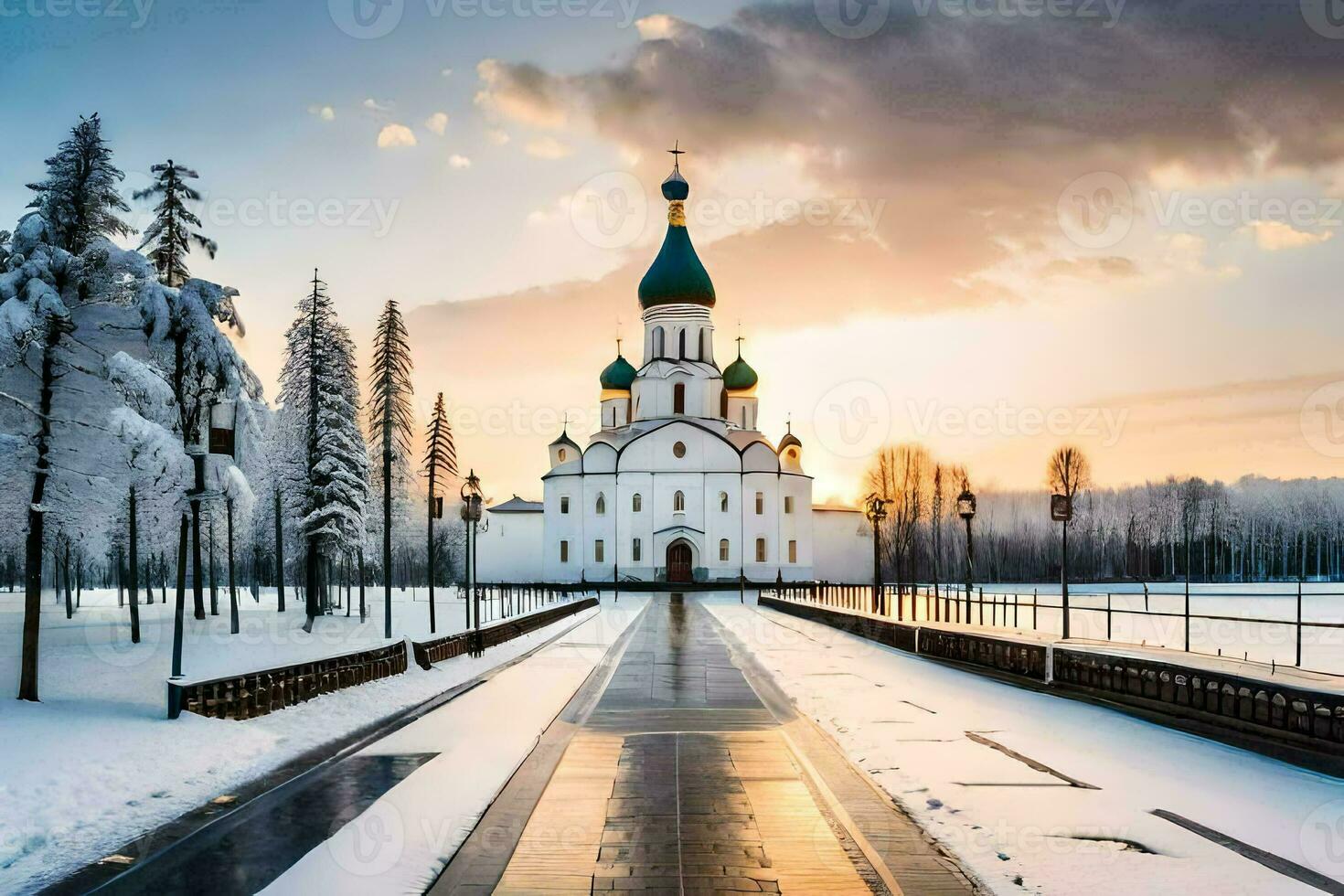 a church in the snow with trees and trees. AI-Generated photo