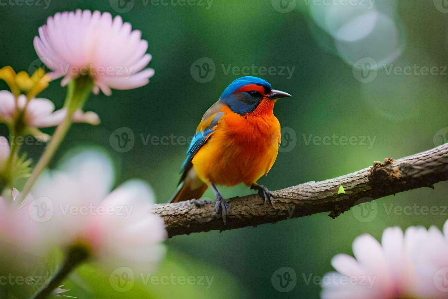 a colorful bird sits on a branch with pink flowers. AI-Generated photo