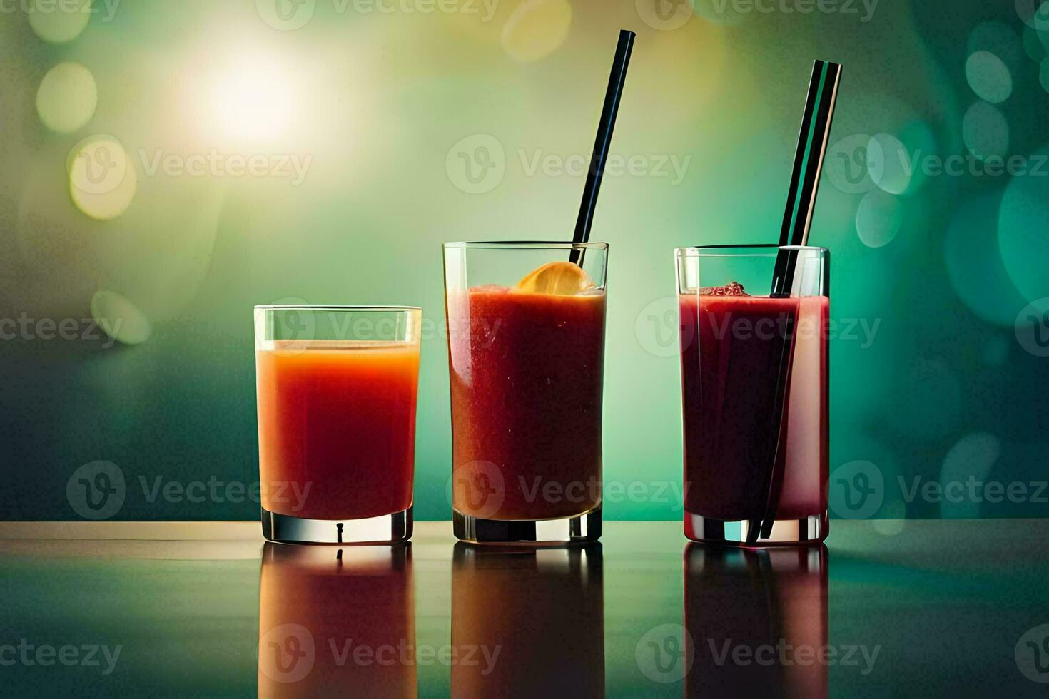 Tres lentes de jugo con pajitas en un mesa. generado por ai foto