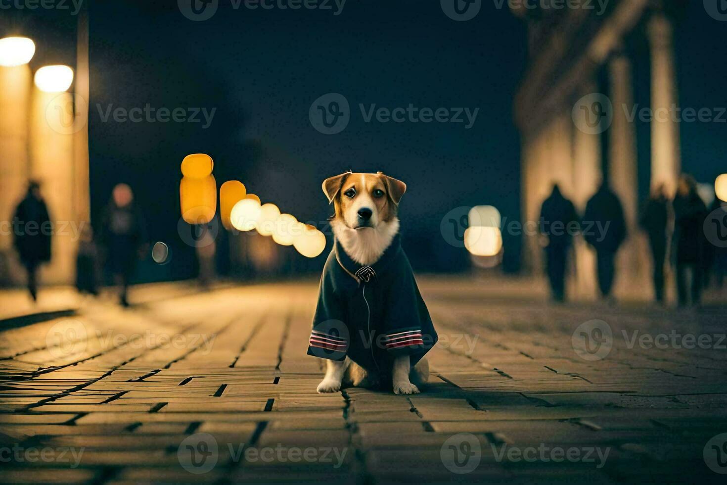 a dog wearing a jacket sits on the street at night. AI-Generated photo