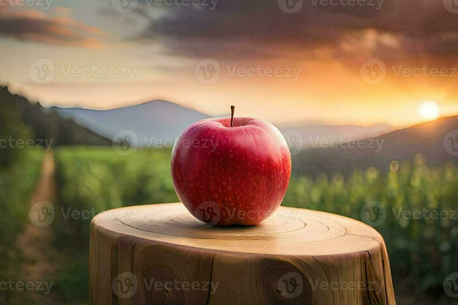 an apple sits on top of a stump in front of a sunset. AI-Generated photo