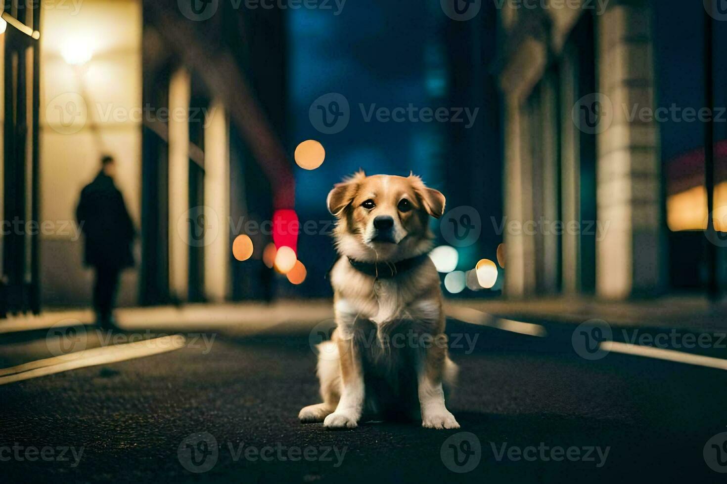 a dog sitting on the street at night. AI-Generated photo