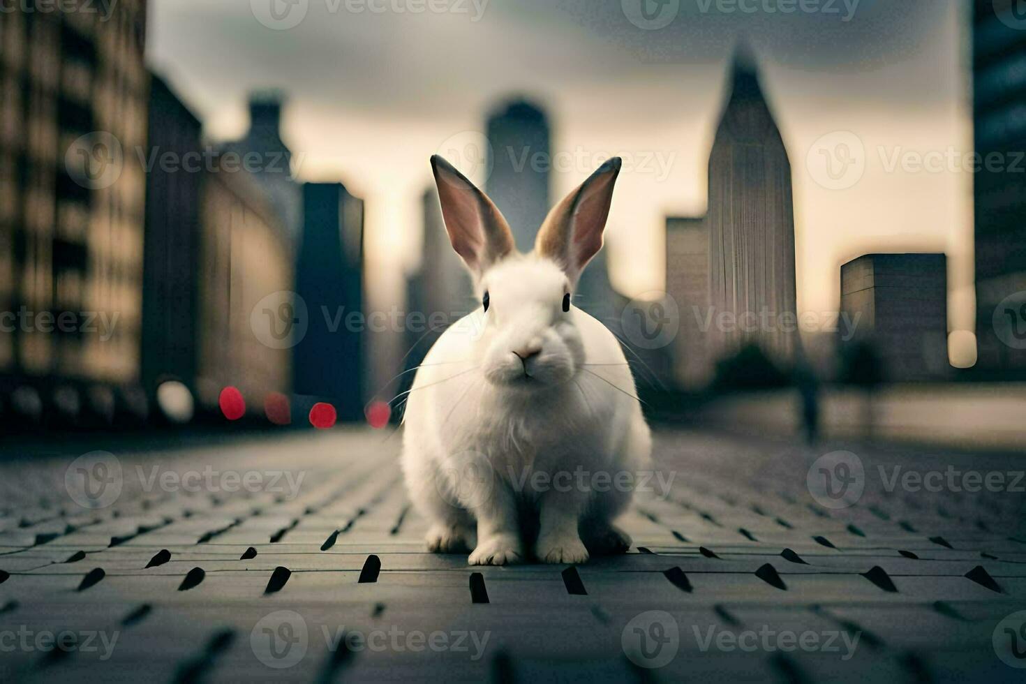 white rabbit on the street in the city. AI-Generated photo