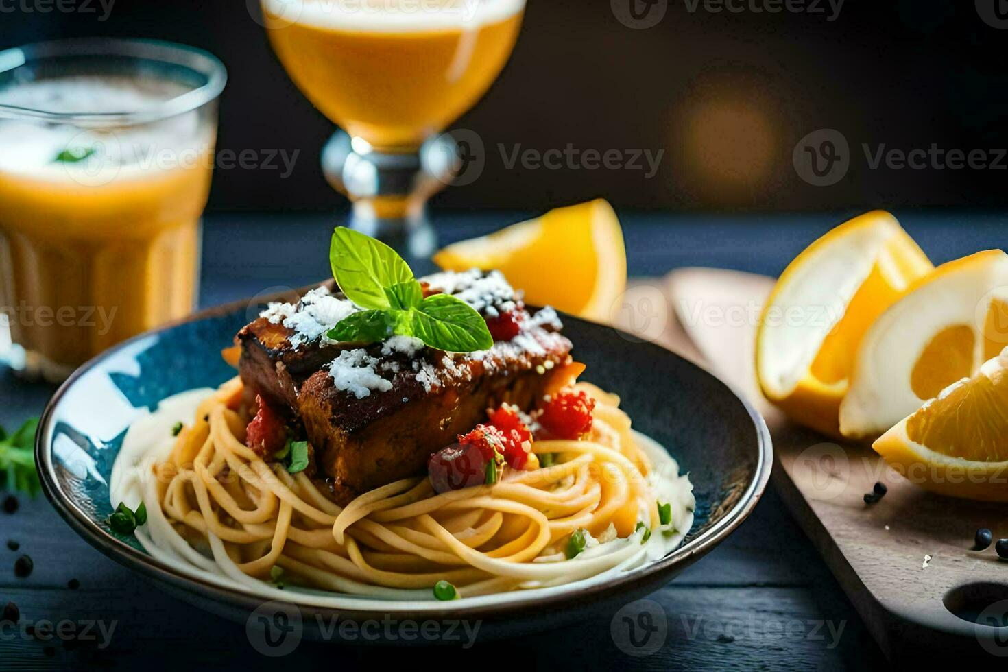 spaghetti with meat and vegetables on a plate. AI-Generated photo