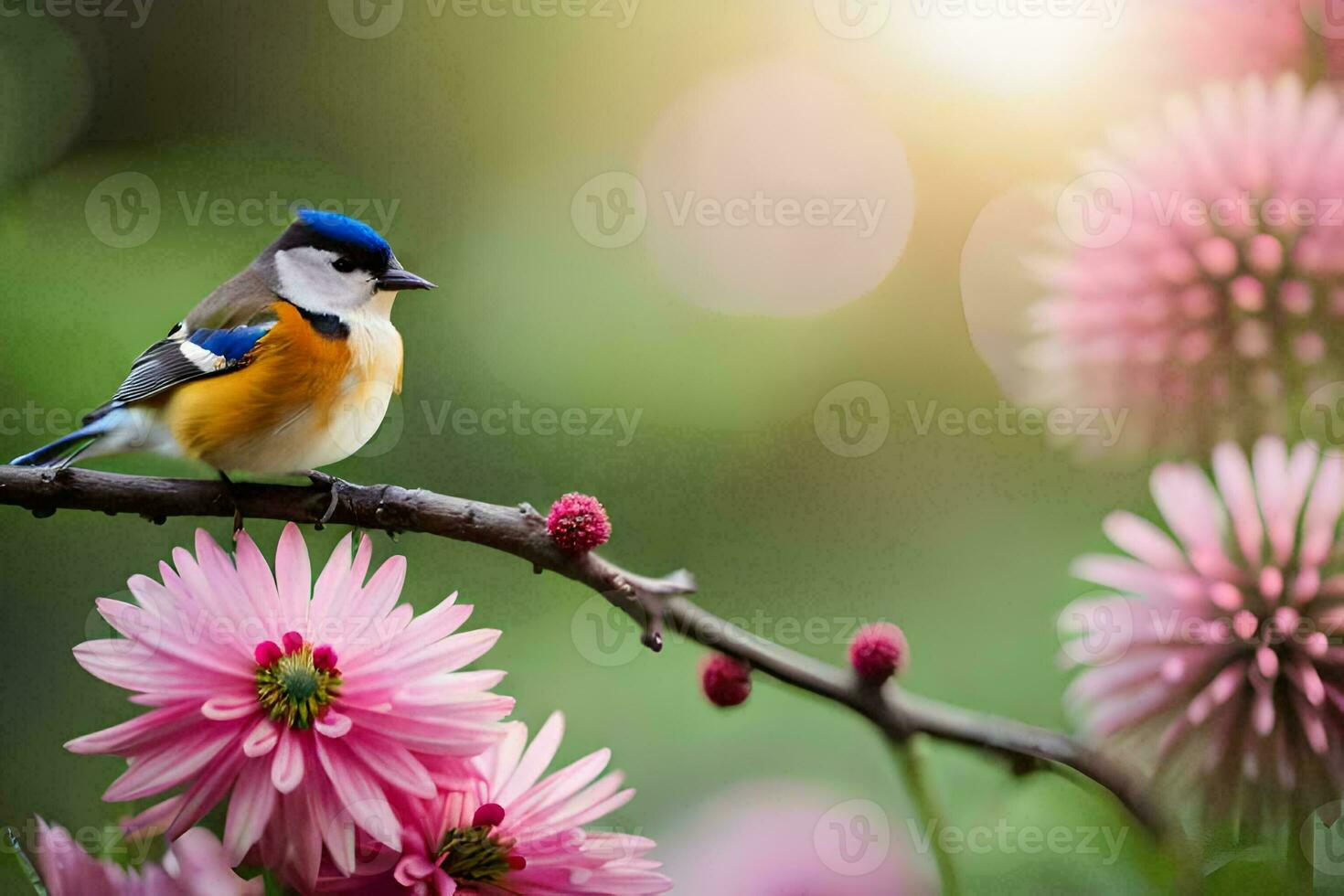 a bird sits on a branch with pink flowers. AI-Generated photo