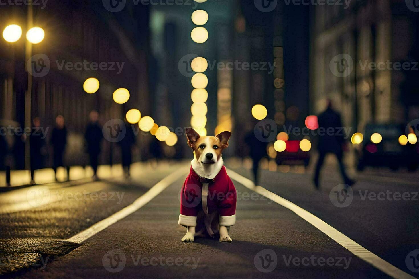 a dog wearing a red jacket standing on the street. AI-Generated photo