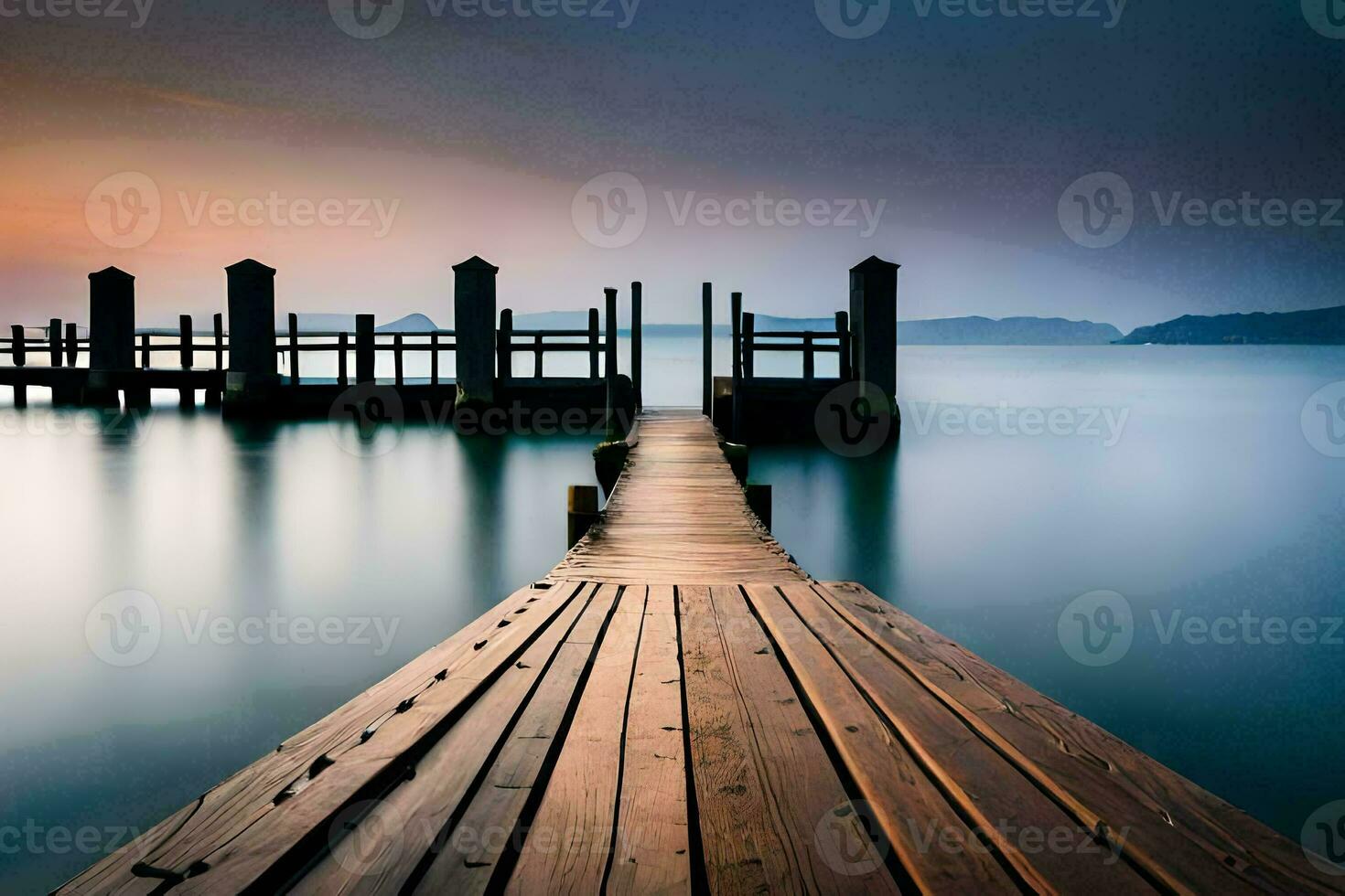 a wooden dock extends into the water at sunset. AI-Generated photo