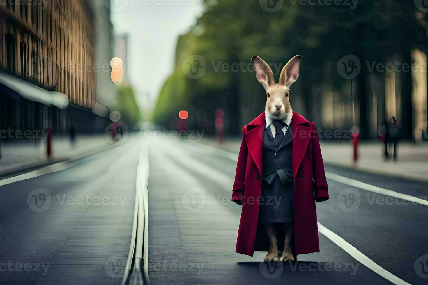 un Conejo vestido en un traje y Corbata en pie en un calle. generado por ai foto