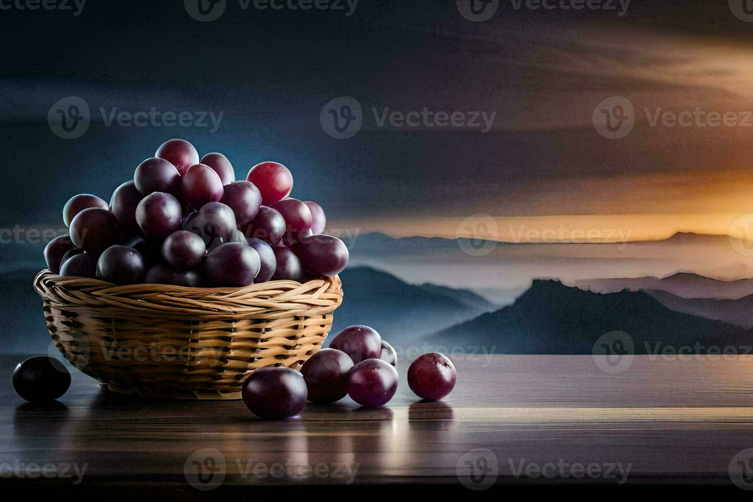 grapes in a basket on a table. AI-Generated photo
