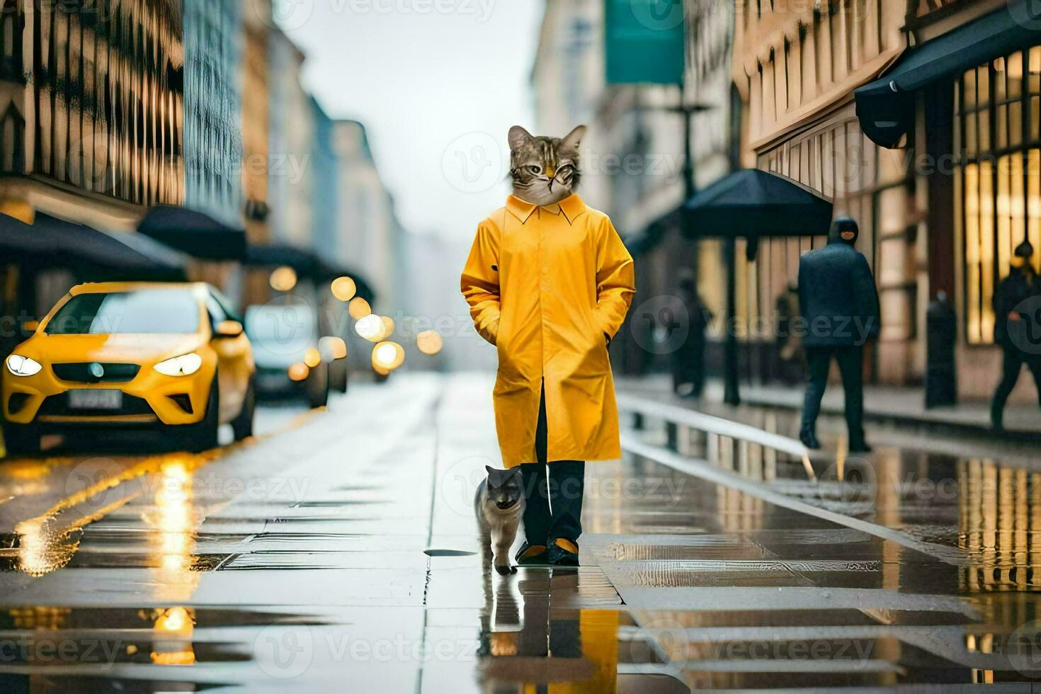 a cat in a yellow raincoat walking on a city street. AI-Generated photo