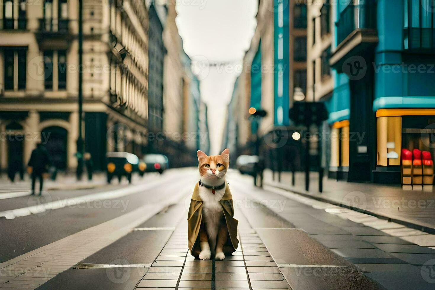 a cat in a coat standing on the street. AI-Generated photo