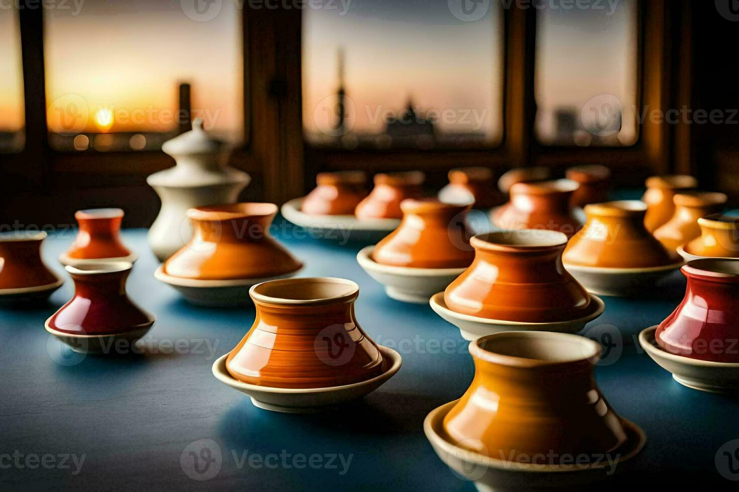 a table full of colorful ceramic vases. AI-Generated photo
