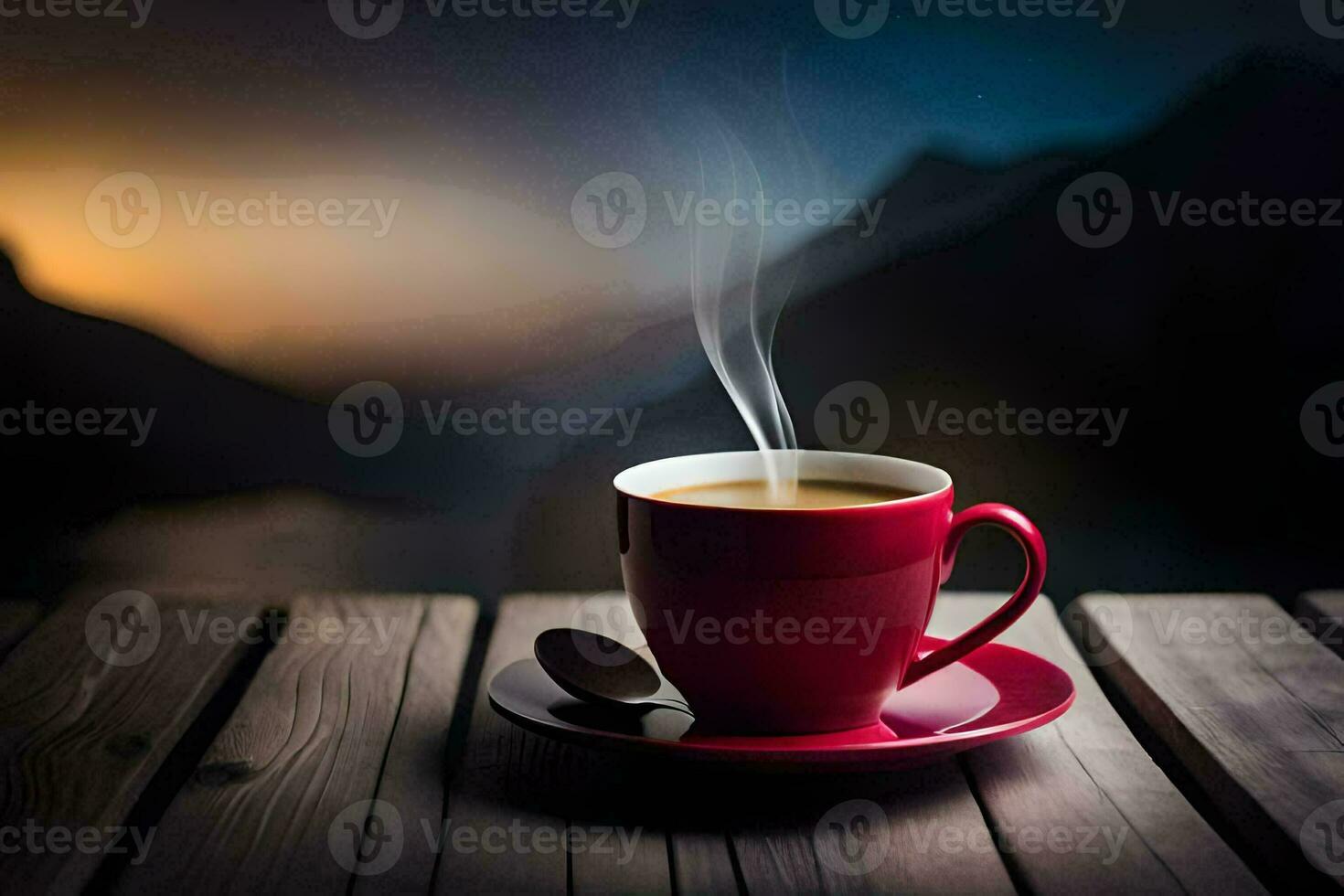 a cup of coffee on a wooden table. AI-Generated photo