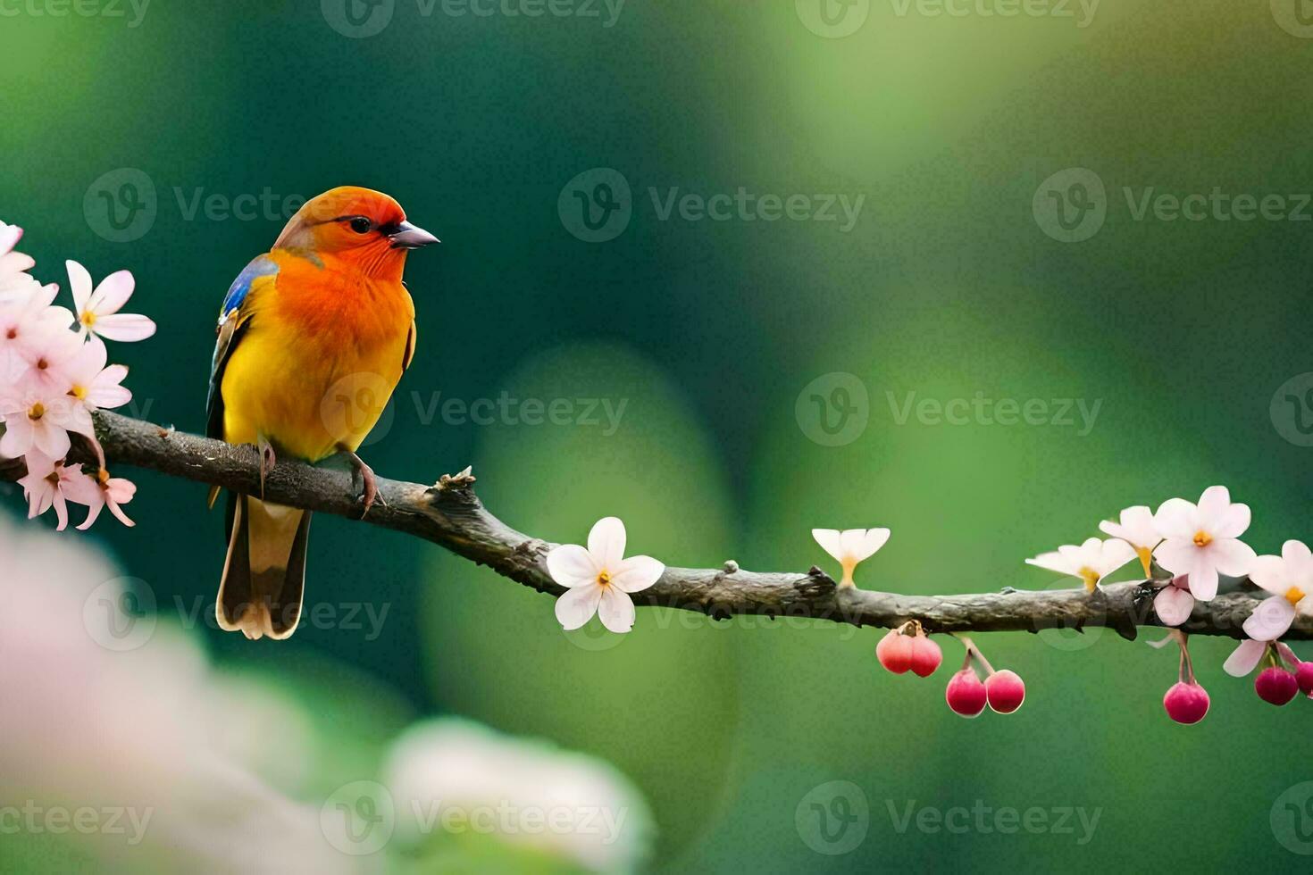 a colorful bird sits on a branch with pink flowers. AI-Generated photo