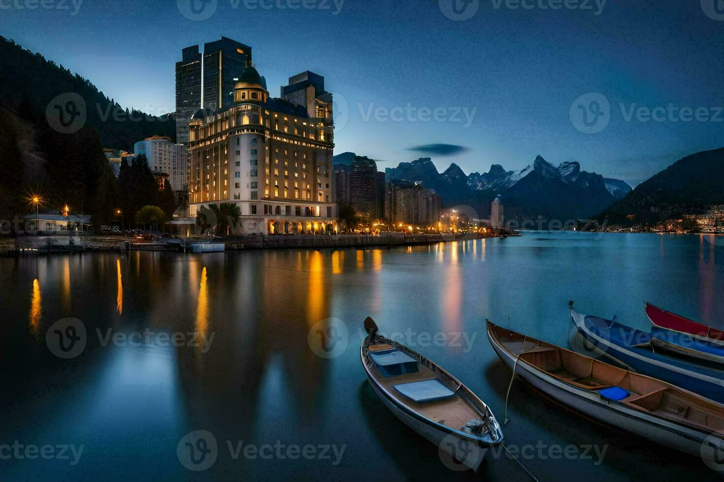 boats docked in the water at night near a hotel. AI-Generated photo