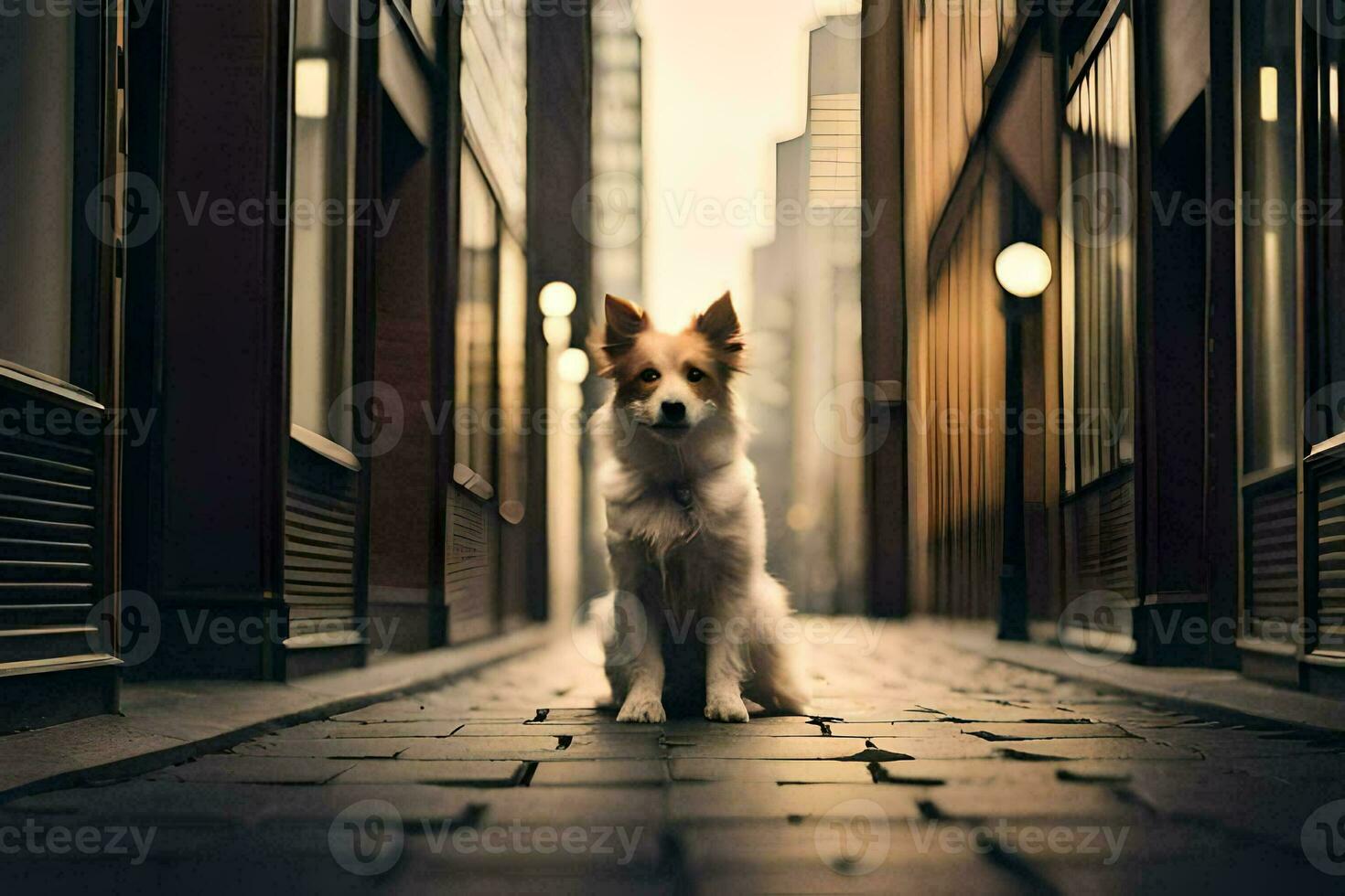 a dog sitting on the street in an alley. AI-Generated photo