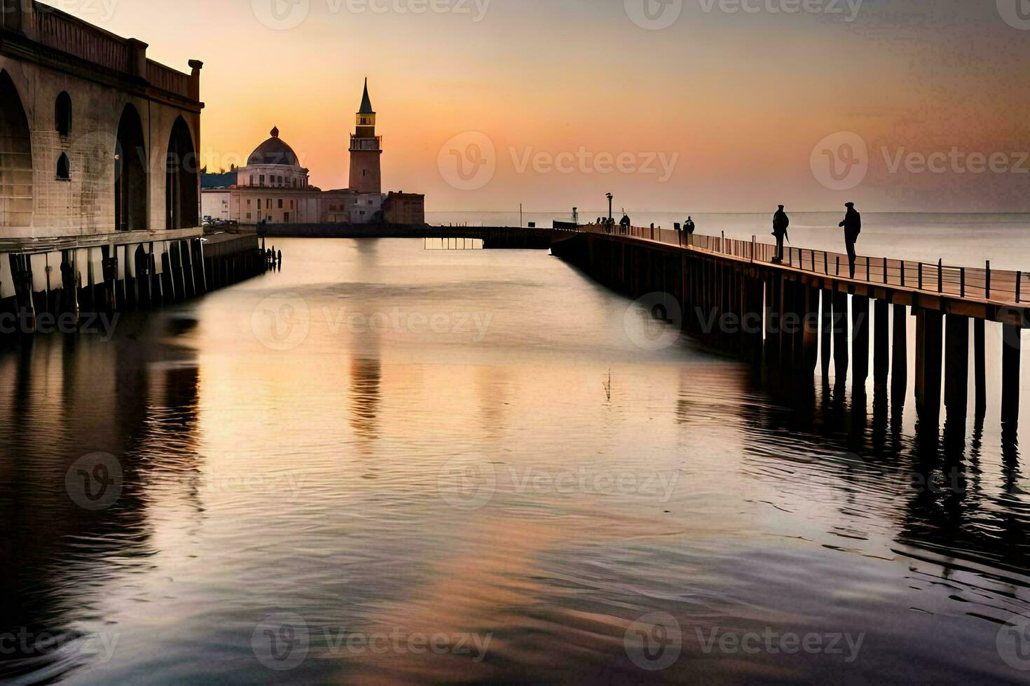 el Dom es ajuste terminado un muelle y un iglesia. generado por ai foto