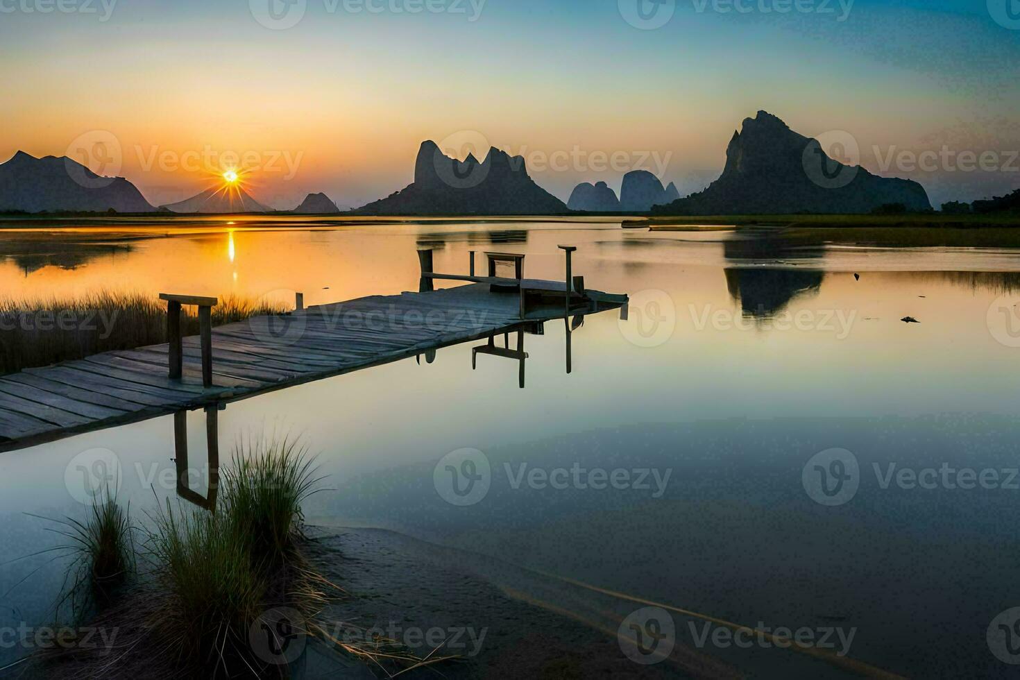 the sun rises over a lake and a dock. AI-Generated photo