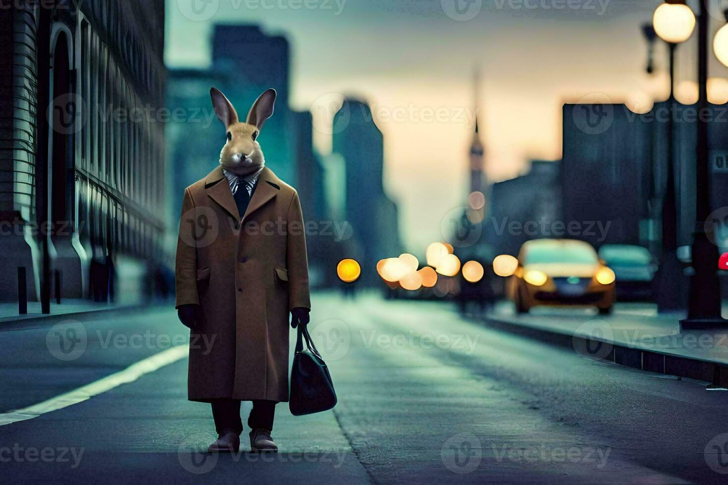 a rabbit wearing a coat and tie standing on the street. AI-Generated photo
