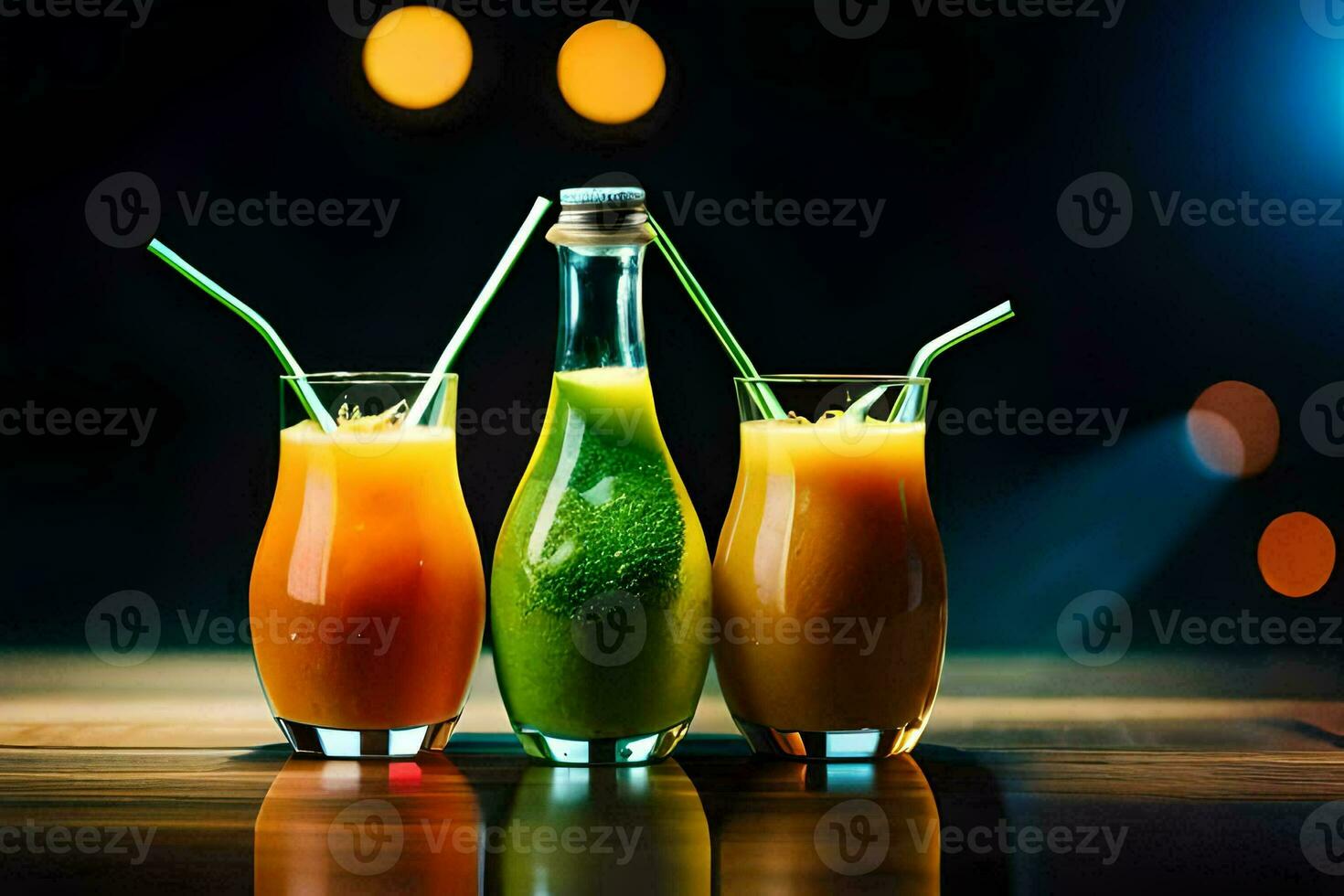 Tres lentes de jugo con pajitas en un mesa. generado por ai foto