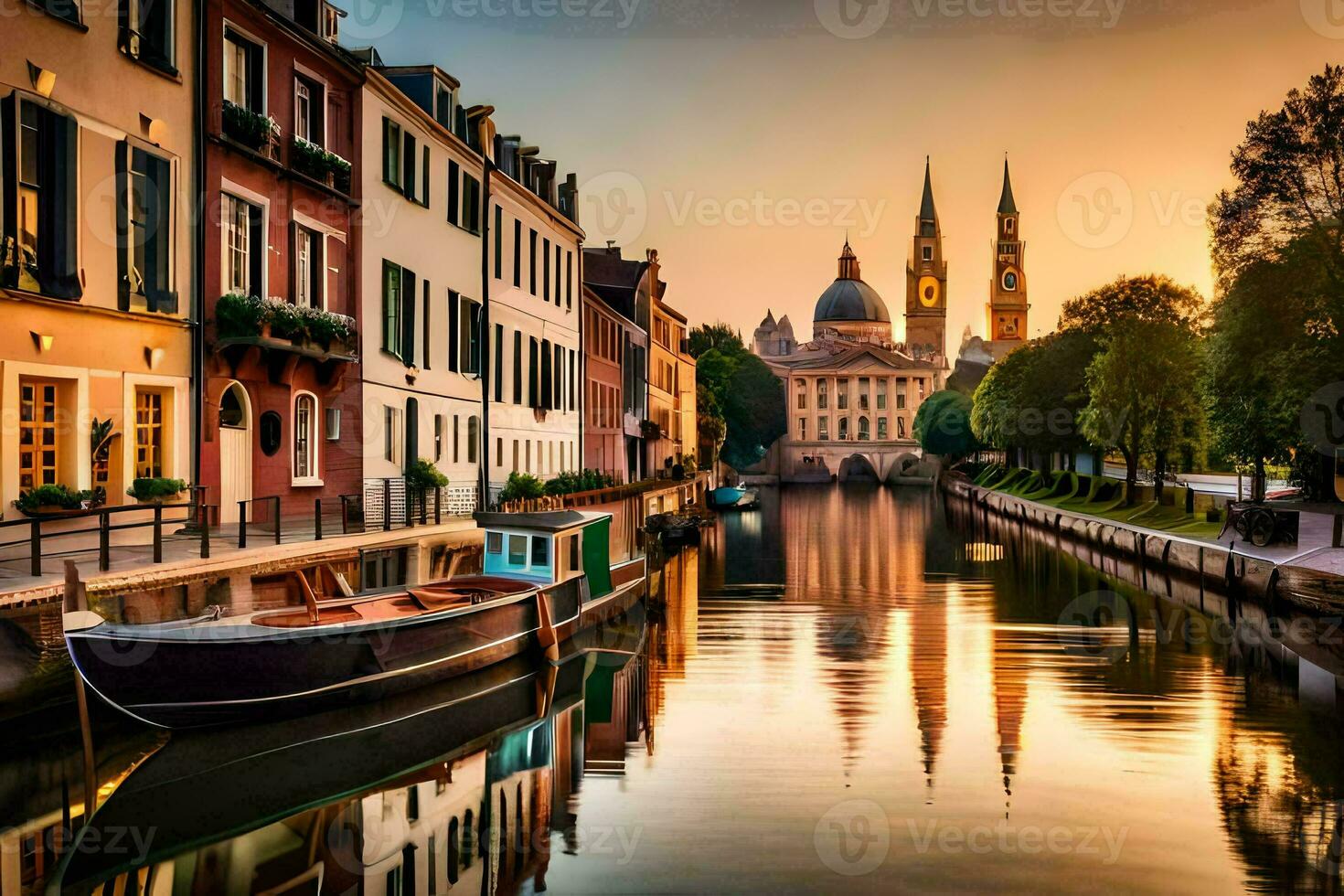 a boat is docked in a canal at sunset. AI-Generated photo