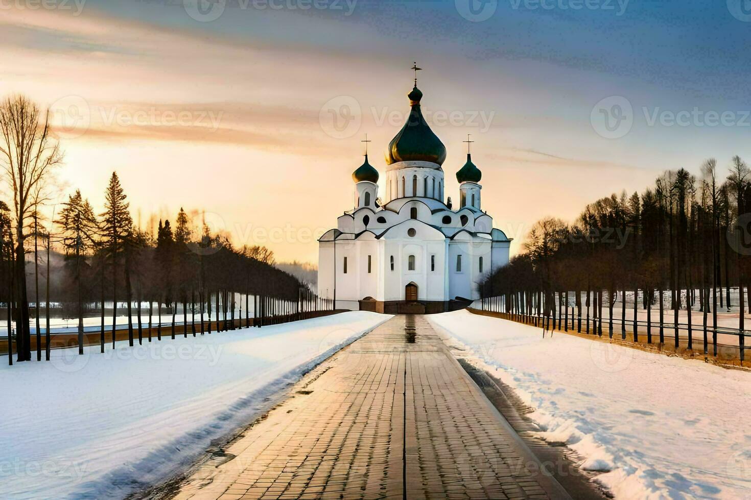 a church in the snow with trees and a road. AI-Generated photo