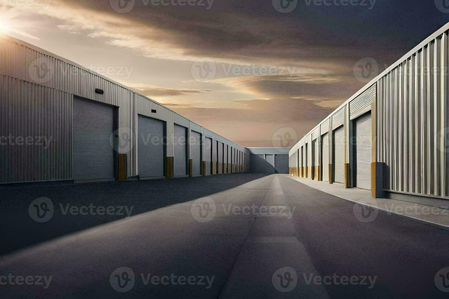 a long empty warehouse with doors and windows. AI-Generated photo