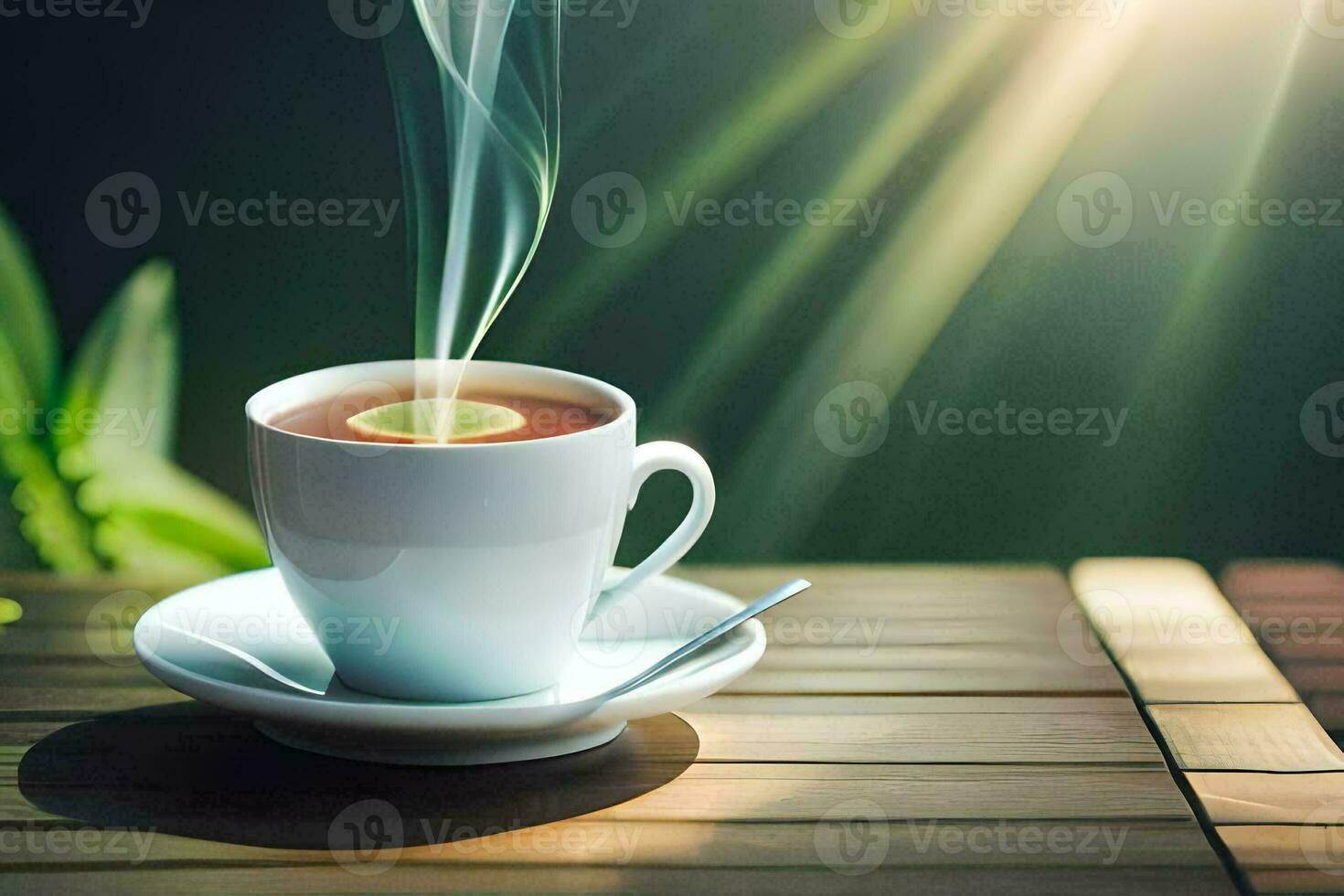 a cup of tea on a wooden table. AI-Generated photo