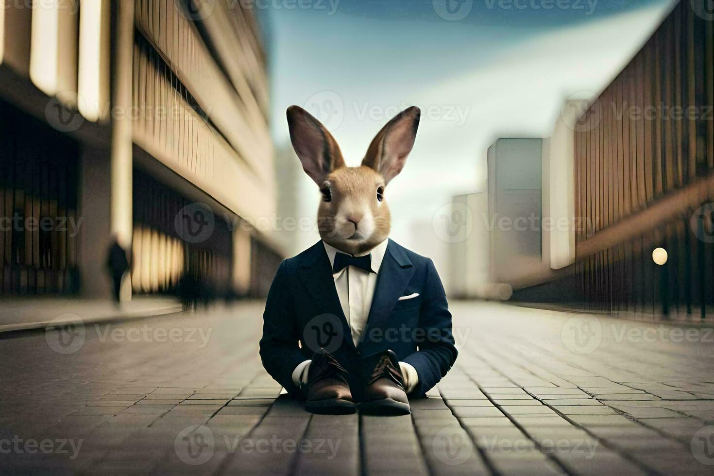 a rabbit wearing a suit and tie sits on the ground. AI-Generated photo