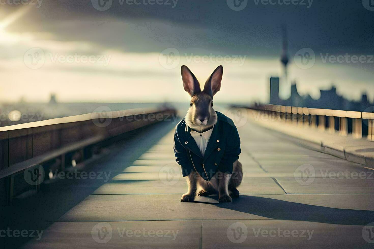 a rabbit wearing a suit and tie sits on a bridge. AI-Generated photo