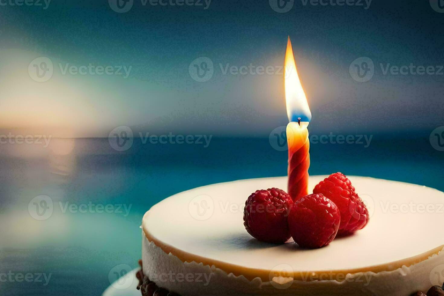 a birthday cake with a single candle on top. AI-Generated photo