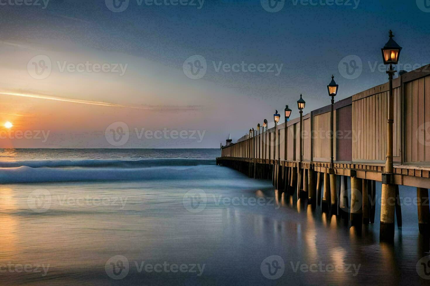 a pier with a sunset over the ocean. AI-Generated photo