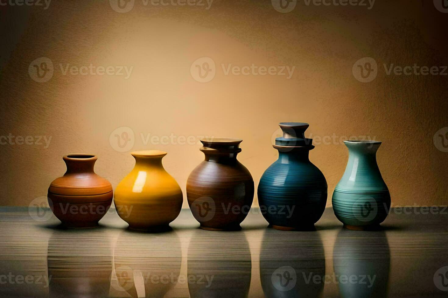 five vases are lined up on a table. AI-Generated photo