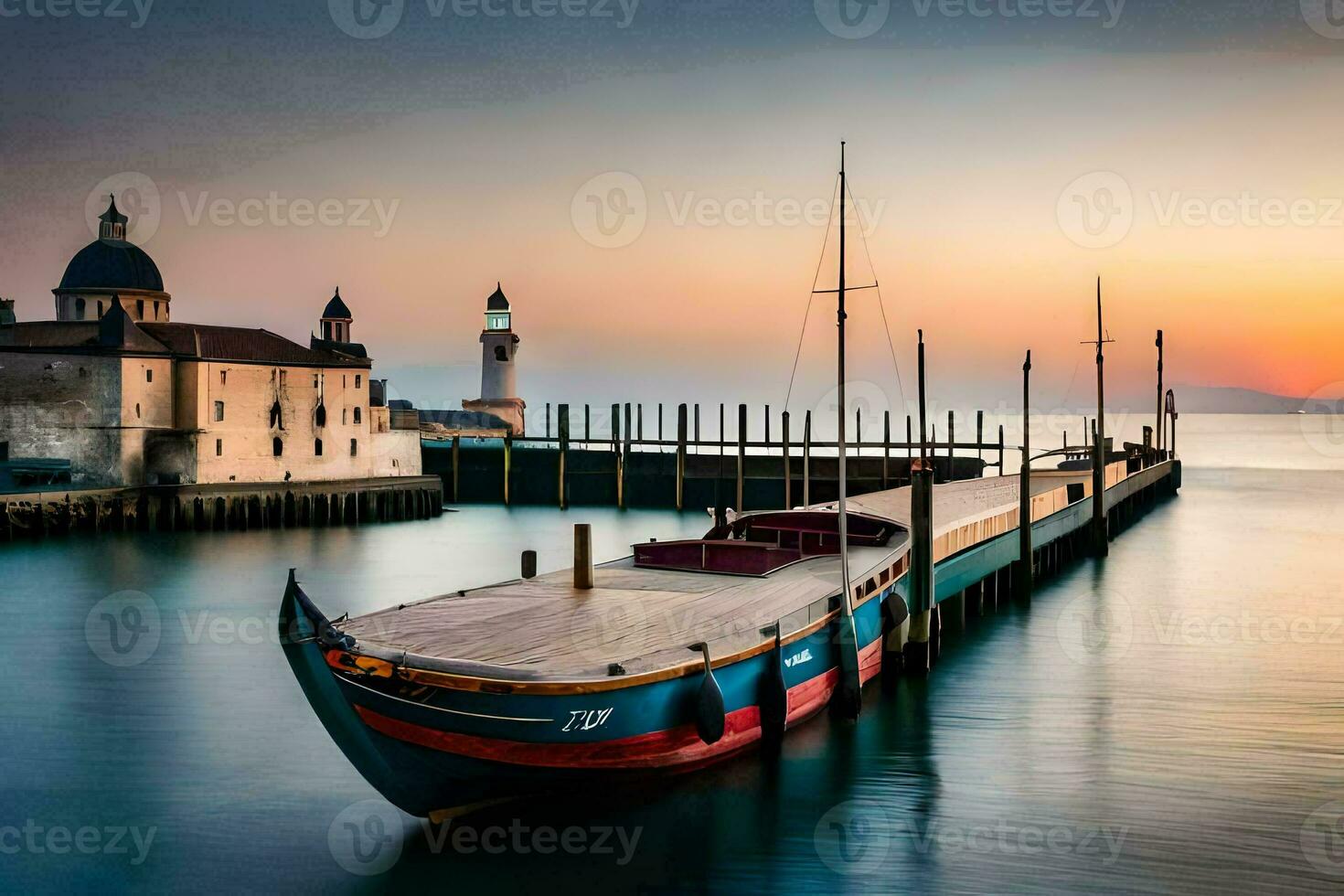 a boat docked at the pier in front of a lighthouse. AI-Generated photo